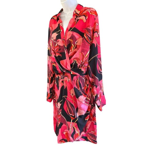 INC Concepts Red Black Gold 1960 Retro Print Long Sleeve Dress Knee Length Disco - Picture 2 of 3
